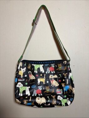 Black Dog-Print Crossbody Bag with Striped Strap Waterproof Dog Walker Purse